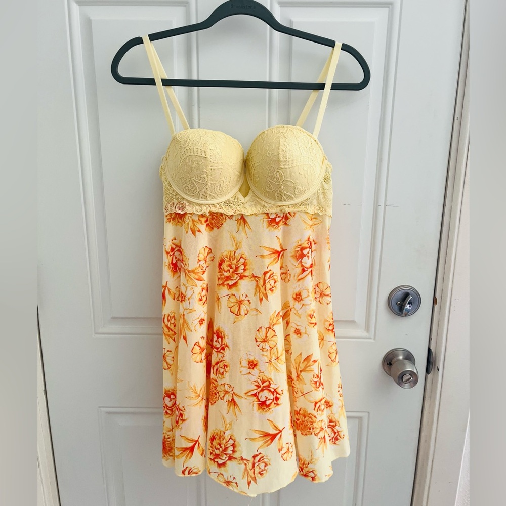 sexy yellow and orange floral print lingerie mini dress with lace